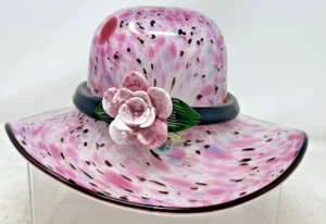 MURANO Glass MILLIFIORI Hat Shaped Pink Bowl with Black Band and Pink Flower - Picture 1 of 9