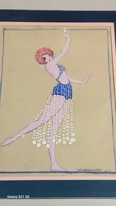 Vintage Art Deco Watercolor Illustration Drawing Dancer in Wine Bubbles Dress - Picture 1 of 3
