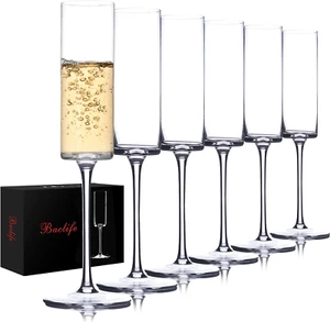 Crystal Champagne Flutes Set of 6 - Hand Blown Champagne Glasses with Long Stem - Picture 1 of 12