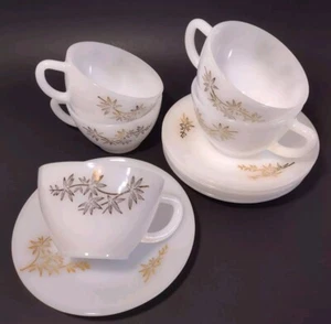 Federal Milk Glass Cups Saucers Gold Bamboo 5 Sets - Picture 1 of 18