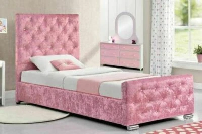 PINK GIRLS PRINCESS CRUSHED VELVET UPHOLSTERED 3FT SINGLE BED FREE P&P ALL SIZES