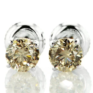 Pendientes de tachuelas de diamante solitario redondo champán de oro blanco de 14 K tratado 1,23 TCW - Imagen 1 de 5