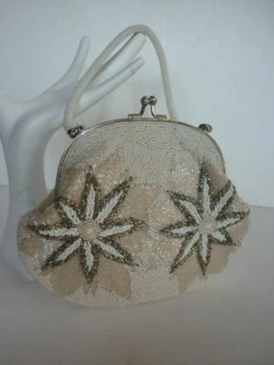 Vtg Beaded Evening Handbag  White, Blush & Silver w Flowers Wedding Bridal - Image 1 of 4
