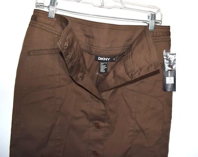 NUEVO CON ETIQUETAS $125 DKNY Algodón Elastano Marrón Oliva Botones Mujer Falda hasta la Rodilla Talla 8 Foto 1 de 4