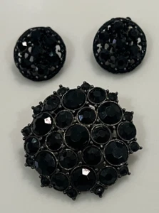 Vintage schwarze Strass Brosche & Clip-On Ohrringe atemberaubendes japanisches Rotguss-Set - Bild 1 von 9