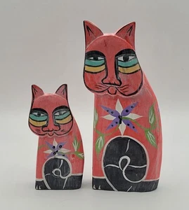 Vintage Laurel Burch Stil Holz geschnitzt handbemalt Katzen 2er Set  - Bild 1 von 7