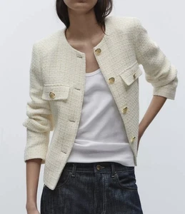 NWT Zara Women’s Textured Blazer Small Tweed Pockets Metallic White NO BELT - Picture 1 of 15