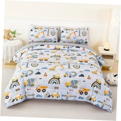  5Pcs Yellow Construction Kids Comforter Full(5Pcs) Yellow Car Printed on Blue - Image 1 of 4