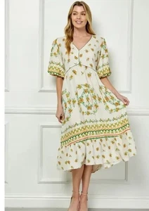 NWT Anthropologie Fig And Flower L Rayon Linen Blend Midi Dress Floral - Picture 1 of 10