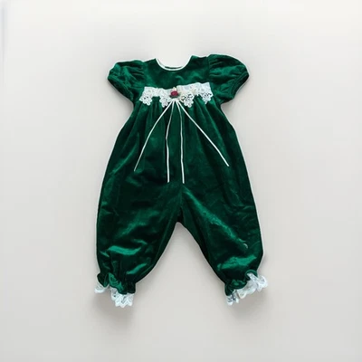 Vintage Romper Green Velour Jumpsuit Lace Velvet Xmas Rare Editions 12M - Image 1 of 4
