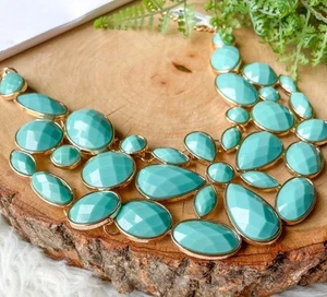 Icing Brand Blue & Gold Chain Statement Chunky Stone Bib Collar Necklace NWT - Picture 1 of 3