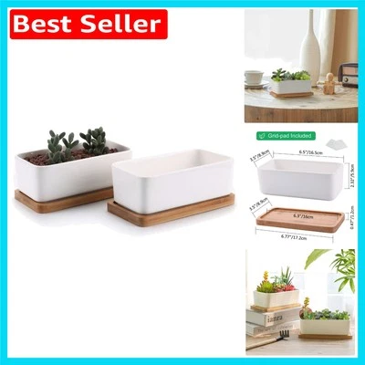 Chic 16.5CM Ceramic White Succulent Planters with Bamboo Tray, Gift Set of 2 - Image 1 of 4