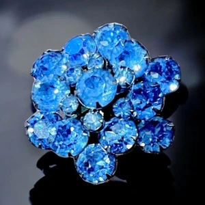 Blue Rhinestone Brooch Sparkling Crystal Pin Floral 1.5" Vintage - Picture 1 of 9