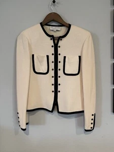Vintage St John By Marie Gray Knit Jacket Ivory W/ Black Trim Size 6 Designer - Picture 1 of 5