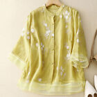 Lady Mesh Splicing Shirts Top Stand Collar Blouse Button Embroidery Floral Shirt