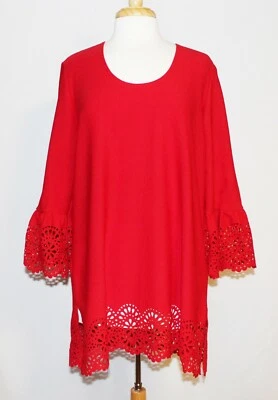 New HSN Slinky Brand Red Flounce Sleeve Tunic Top with Laser Cut Trim NWT - Image 1 of 4