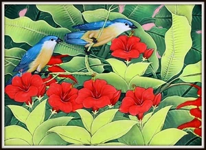 Original Balinese Painting "Bluebirds in the Hibiscus" (11.75" H x 15.5" W) - Picture 1 of 7