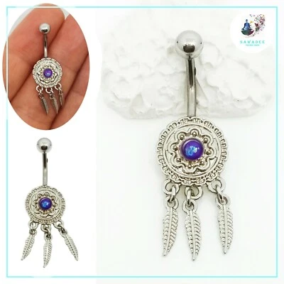 Piercing da ombelico in acciaio inox banana con acchiappasogni argento con piume - Immagine 1 di 4