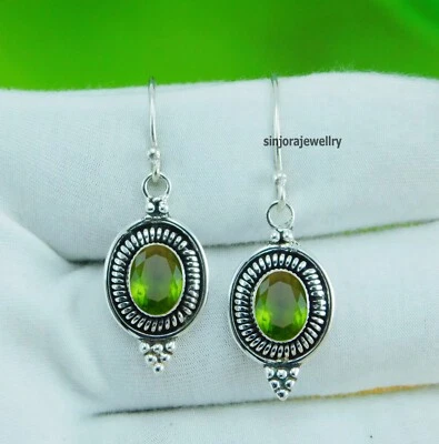 Peridot Gemstone 925 sterling silver handmade Dangle/Drop Earrings 1.25" - Image 1 of 4