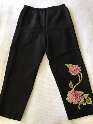 Pantalones de lino Bob Mackie para mujer talla 14 bordados florales arte para usar vintage negros Foto 1 de 4