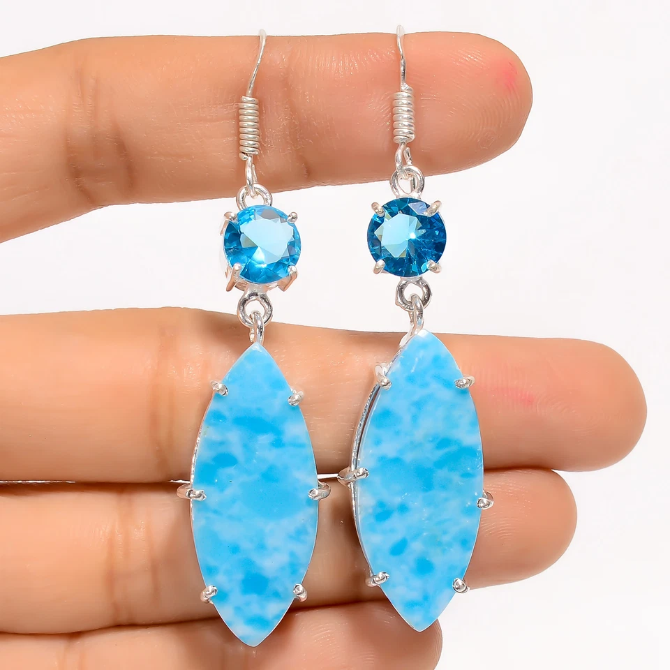 Pendientes colgantes hechos a mano de plata 925 con piedras preciosas de topacio azul Larimar 2,5" ARE-4022 Foto 1 de 1
