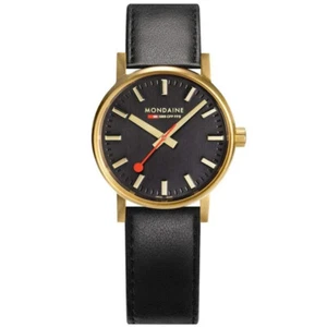 Mondaine EVO2 30mm Gold Plated SS Case Black Leather Sapphire Crystal Watch - Picture 1 of 3