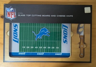 NFL Detroit Lions Icon Glass Wood Top Cutting Board & Knife Set New Rare - Image 1 of 2