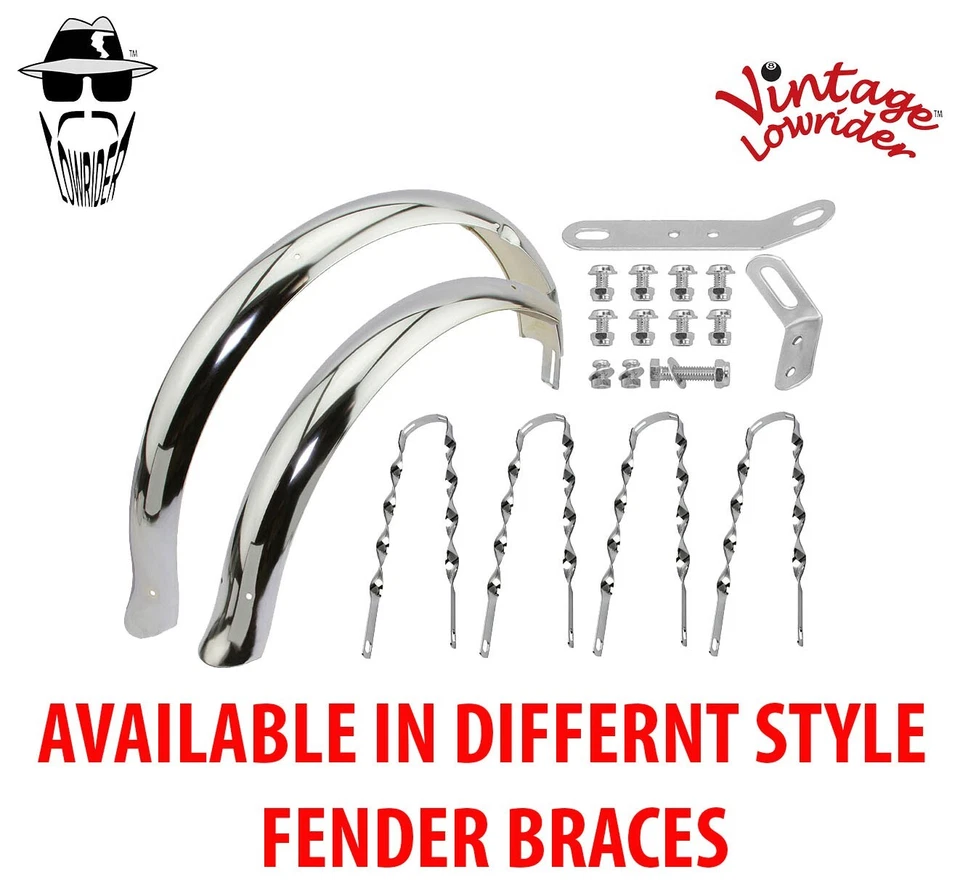 Guardabarros cromados de cola de pato ajustables acampanados Lowrider vintage de 20" con soportes retorcidos. Foto 1 de 1