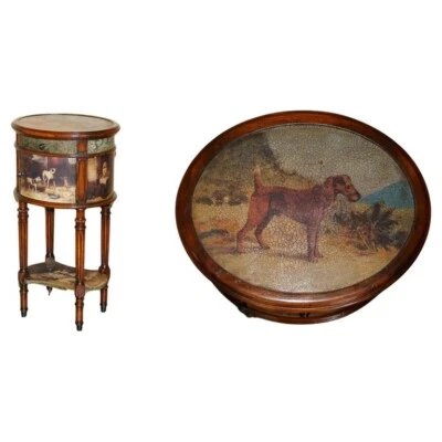 EXQUISITE TWO TIER TALL SIDE TABLE CABINET LEATHER CLADDED & PAINTED WITH DOGS — 第 1/4 张图片