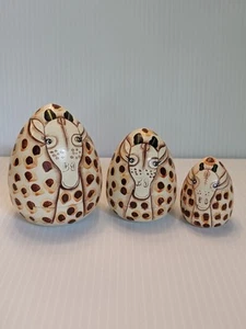 Animal Print Nesting Eggs Giraffe African Safari Hand Painted Wooden Jungle - Picture 1 of 8