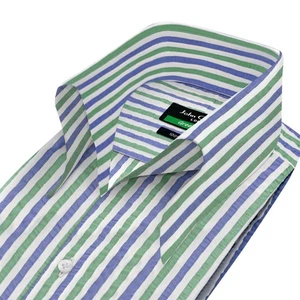 Herrenhemd hoher offener Button Down Kragen hoher Ausschnitt grün blau Streifen Seersucker - Bild 1 von 11