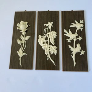 Set Of 3 MCM Vintage West Germany Plaques Of Birds, Rose& Grapes Wood Has Damage - Picture 1 of 15