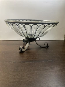 Vintage Blown Glass Bowl & Metal Caged Imprisoned Brutalist Pedestal 12” - Picture 1 of 5