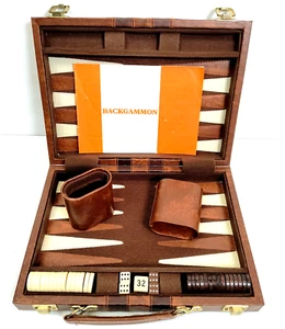 Backgammon Travel Size In Brown Faux Leather Case Vintage - Picture 1 of 7