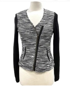 NWT DREW Boucle Knit Color Block Moto Style Jacket Black Grey White SZ Med - Picture 1 of 7