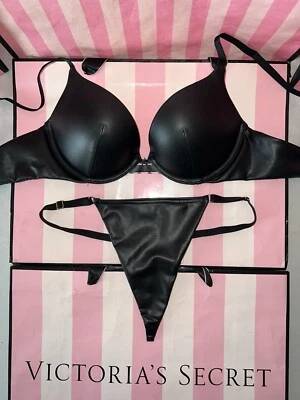 Victorias Secret Push Up Bra & String Thong Faux Leather 32C Black - Image 1 of 3