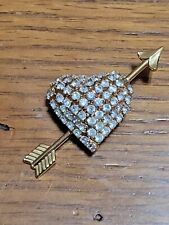 Vintage Dorothy Bauer Gold Tone Rhinestone Heart with Arrow Brooch Signed