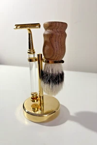 Shaving Set Razor Brush Gold Metal Stand - Picture 1 of 8