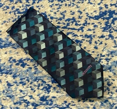 Missoni Navy Blue Aqua Teal Geometric Lavender Logo Silk Necktie Made in Italy - Image 1 of 4