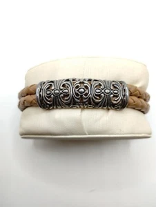 Designer ESPO Sterling Silver 925 Brown Braided Leather Cuff Bracelet Filigree - Picture 1 of 3