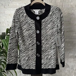 Misook Zebra Print Stripe Black Cream Knit Jacket Size S Petite New with Tags - Picture 1 of 10