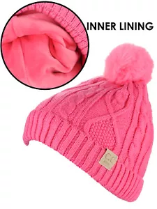 C.C Kids' Cable Knit Soft Single or Double Pom Fuzzy Lined Cuff CC Beanie - Picture 1 of 87
