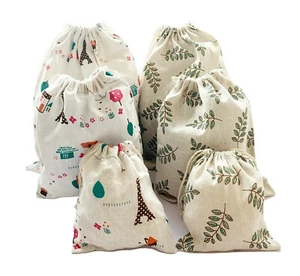 Set of 6 Cotton Drawstring Storage Bags, Pack 6 (Small+Medium+Large), Leaf Tower - Picture 1 of 8