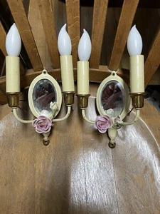 Applique da parete vintage specchio conico ottone smalto candela catena interruttore apparecchio rosa - Foto 1 di 11