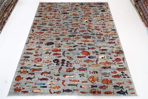 8x10 ft Fish Animal Gray Area Rug Afghan Hand Knotted Veg Dyes Wool Rug - Picture 1 of 12