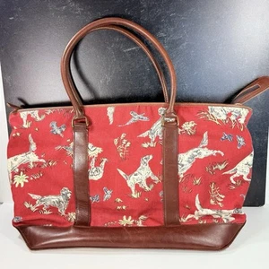 Vintage L.L. Bean BOAT & TOTE BAG HUNTING DOGS RED CANVAS w/ LEATHER TRIM VGC - Picture 1 of 13