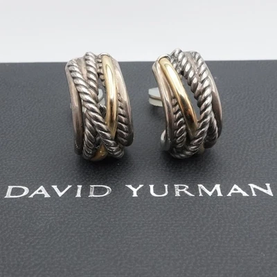 David Yurman 14K Yellow Gold Sterling Silver Crossover Omega Back Earrings Box - Image 1 of 4