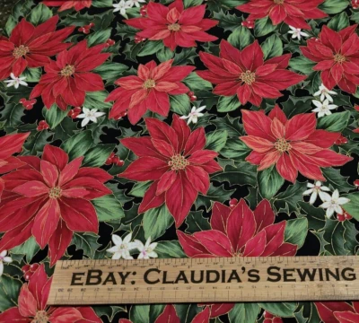 The Christmas Star BTY Kensington Quilting Treasures Red Poinsettia Holly Black - Image 1 of 3