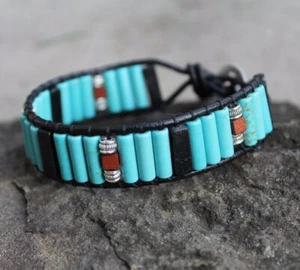 Beaded Turquoise and Blackstone Black Leather Cuff Bracelet handmade USA - Picture 1 of 9