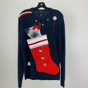 Ugly Christmas Sweater Men's size Medium Kitty Cat in a Stocking Hand Crafted - Picture 1 of 7